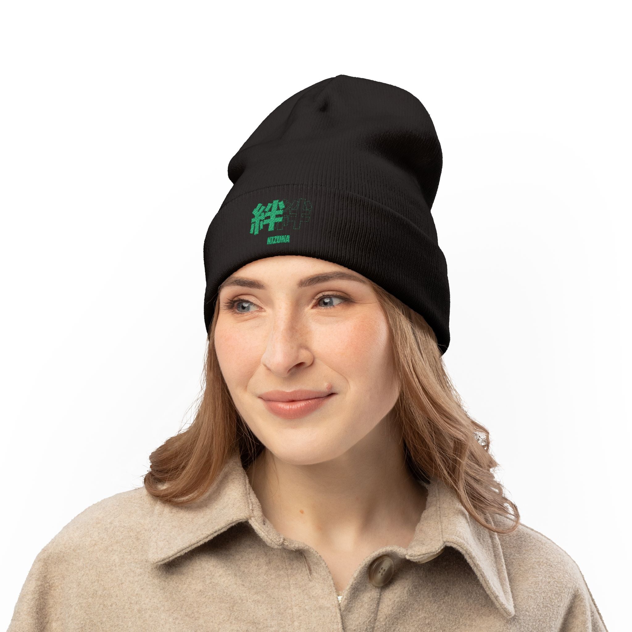 Embroidered Neon Green "Kizuna" Knit Beanie